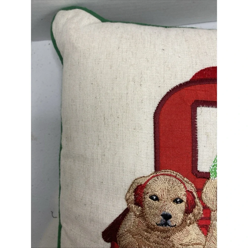 Vtg Pier 1 Merry Christmas Embroidered Pillow Dogs In Red‎ Truck 16x16